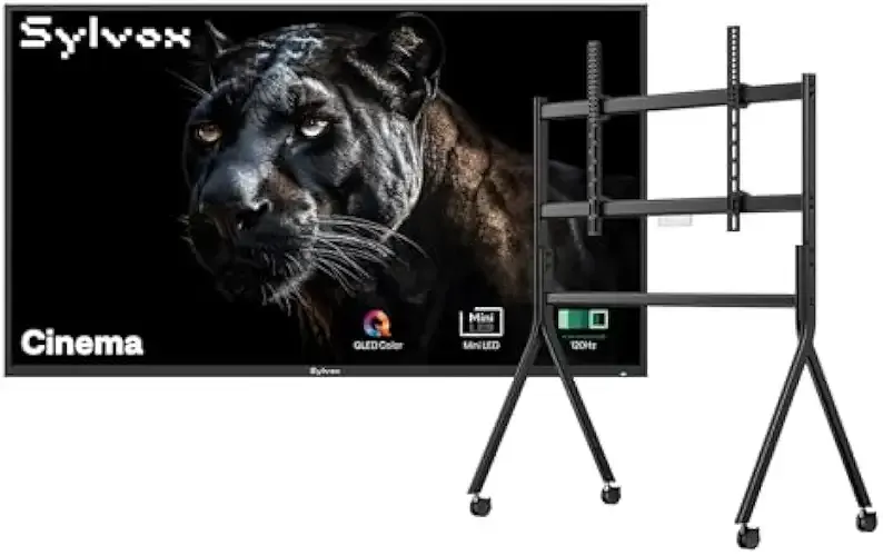 SYLVOX 75 inch Outdoor Mini-LED QLED TV with Rolling Stand, 4K UHD, 2000 Nits Full Sun, Anti-Glare Screen, 120Hz, IP56 Waterproof, Dual 30W Dolby Atmos Speaks (Cinema/2025)