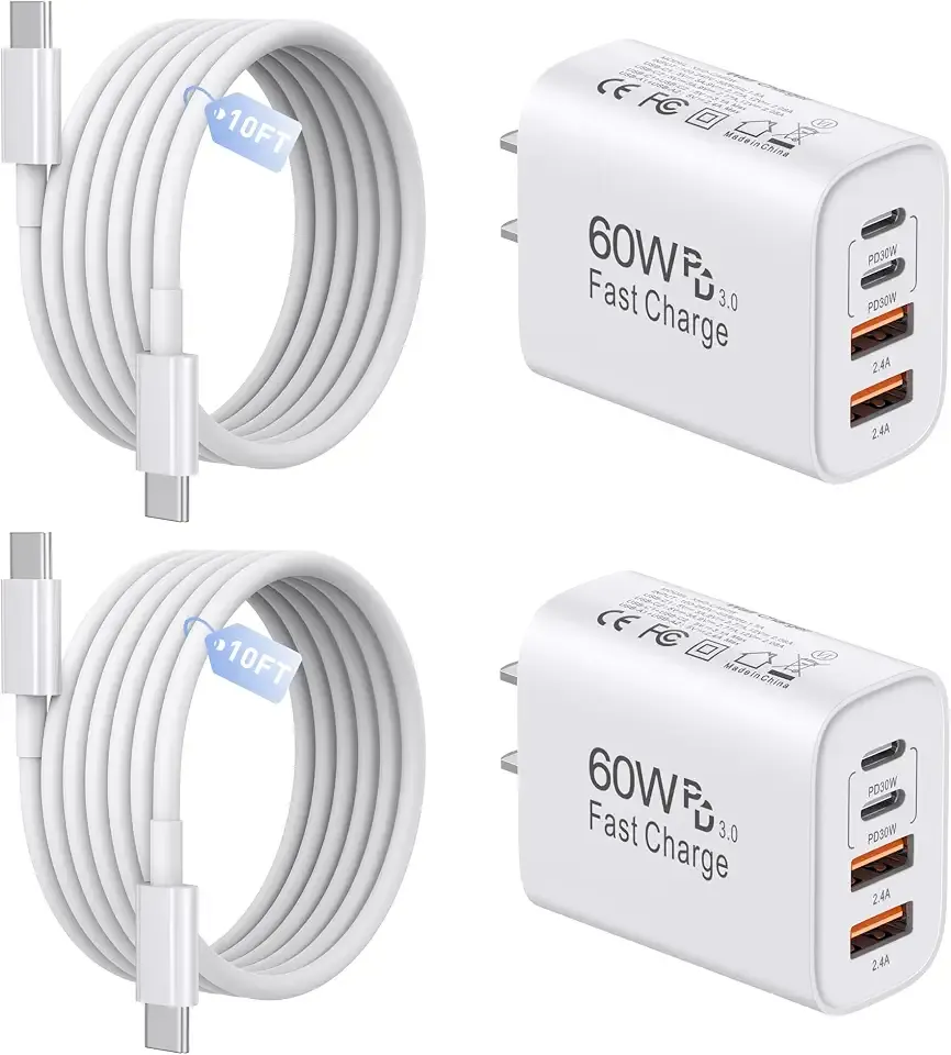 60W USB C Charger,2Pack 10FT iPhone 18 Pro Max Charger Fast Charging,4Port USB-A USBC Charger Block with 10ft USB C Cable Cord for Apple iPhone 18 Pro Max/17 Pro Max/16 Pro/15 Plus/16/iPad,AirPods