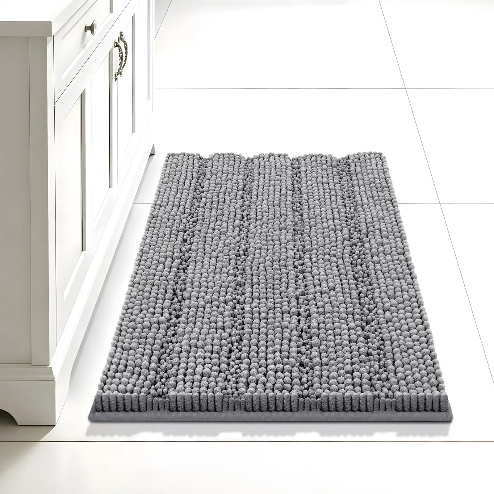 Bcoimo 24"×17" Chenille Bath Mat – Non-Slip with Backing Bath Rug Ultra-Absorbent and Machine Washable Bathroom Mat Quick-Dry Design. Ideal for Bathroom and Tub Areas