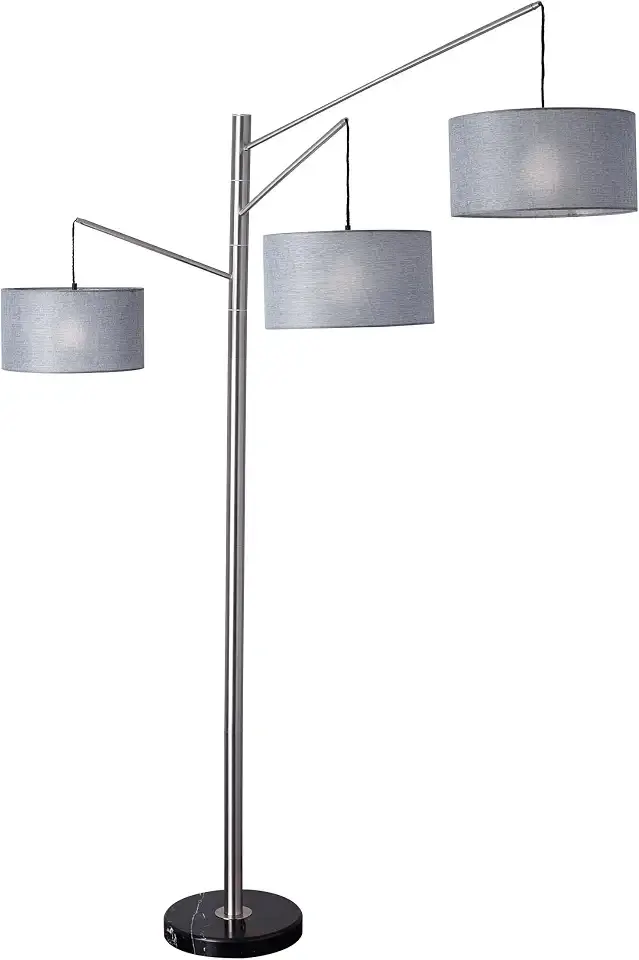 Adesso 7.5FT Tall Brushed Steel Arc Floor Lamp – Tweed Drum Shades, Adjustable Arms, 3 Light Living Room, Bedroom, and Office Lighting