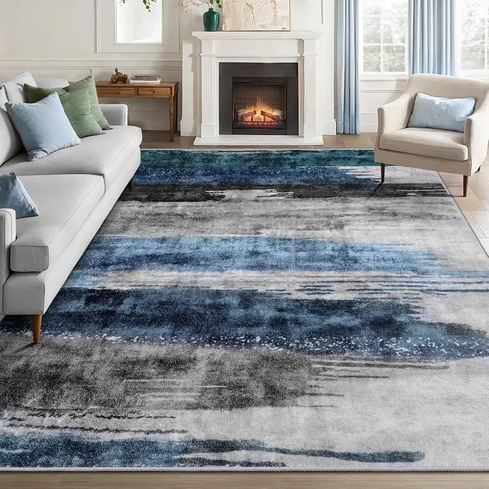 Ciicool Modern Abstract Rug for Living Room, 5'x7' Machine Washable Area Rug Non-Slip Rug, Low-Pile Contemporary Indoor Dining Floor Carpet for Bedroom Office Under Table Home Decor Navy Grey