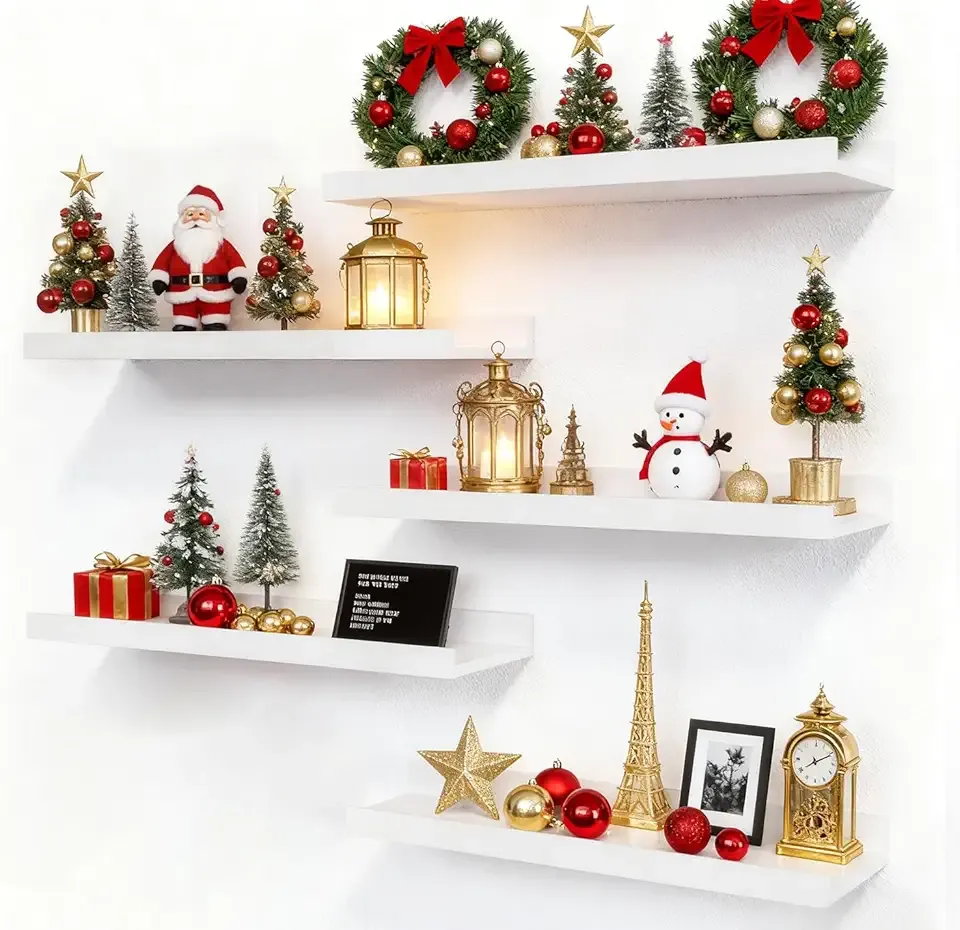 5 Set White Floating Shelves, Wall Mounted Shelves for Wall Decor, Modern Picture Ledge Shelf with Lip for Storage Nursery, Bedroom, Living Room, Bathroom - White