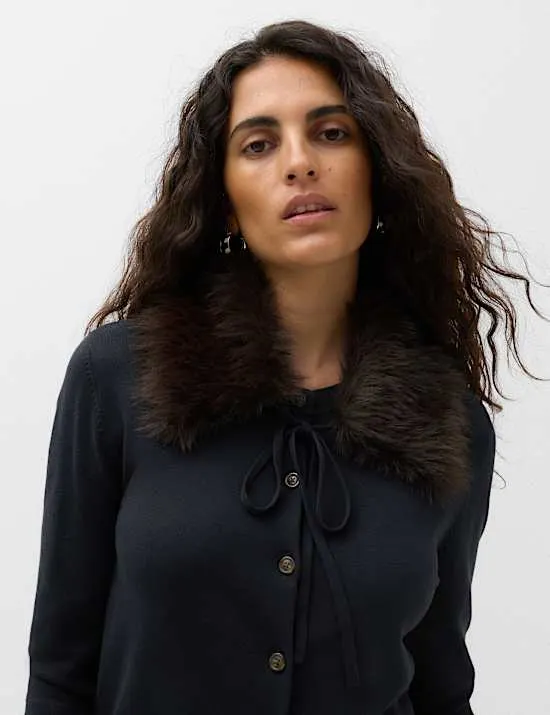 Faux Fur Collar Button Front Cardigan