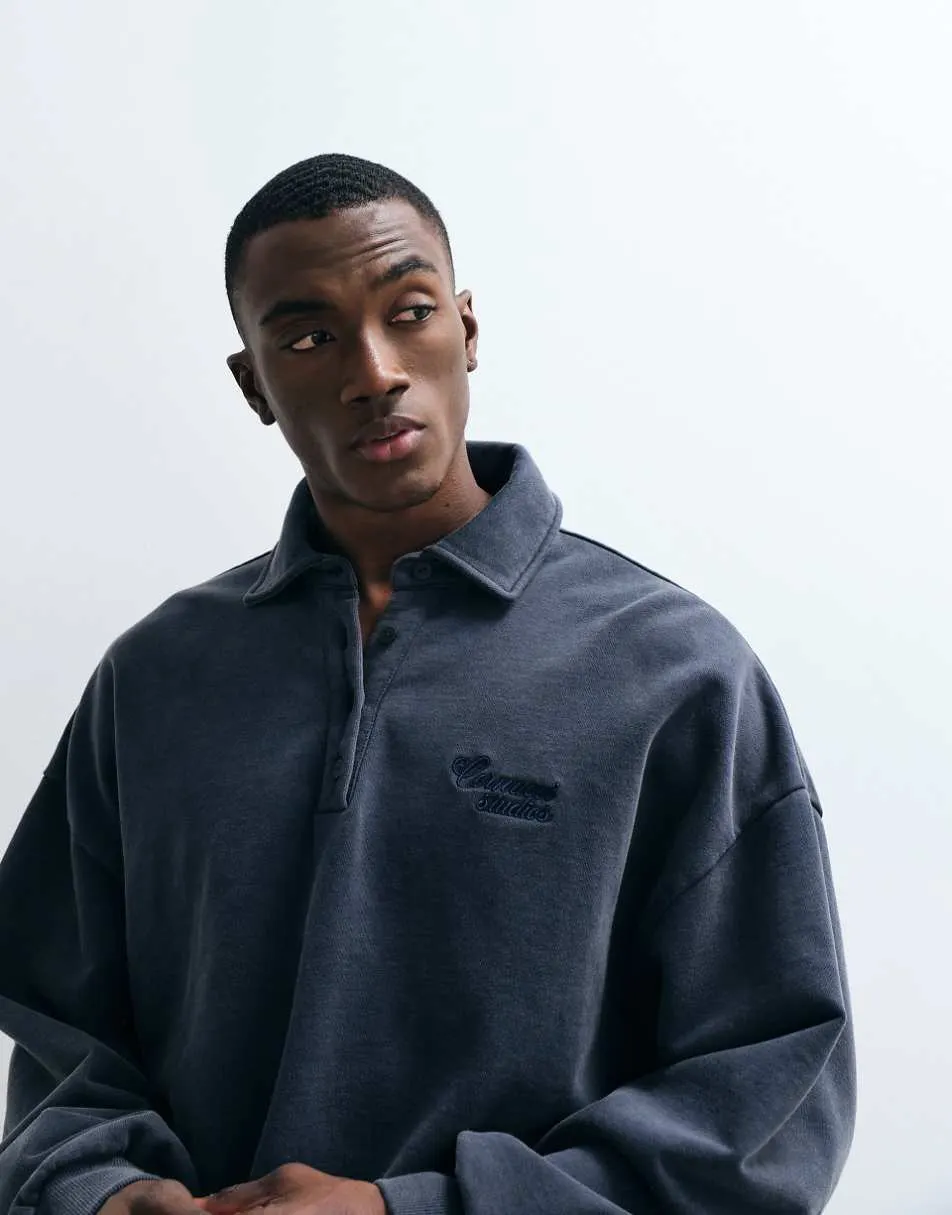 Cernucci 100% cotton long sleeve oversized logo rugby polo shirt in navy acid wash