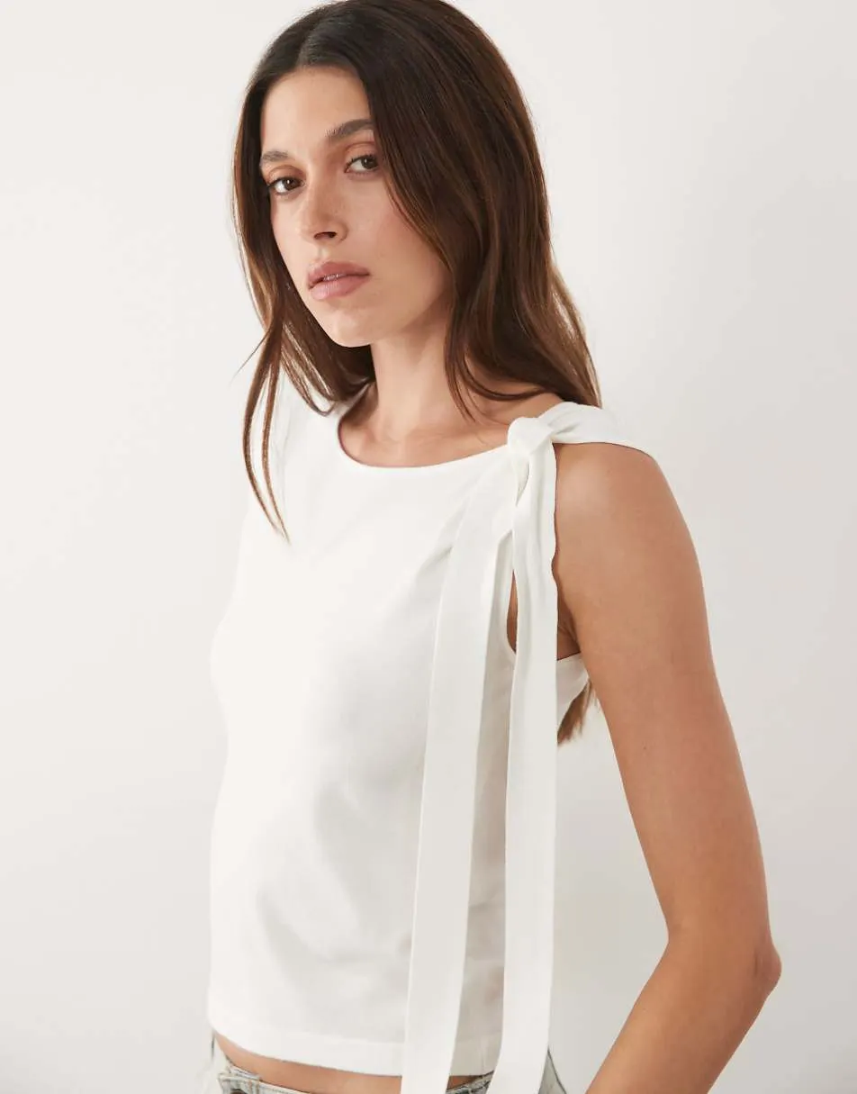 Mango knitted sleeveless top with tie shoulder in white