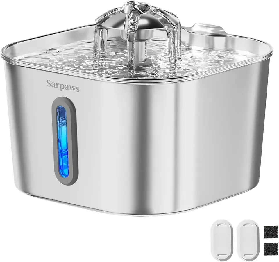 SARPAWS Cat Water Fountain Stainless Steel：74oz/2.2L Water Fountains for Cats Indoor, Cat Fountains for Drinking, Ultra-Quiet, Water Level Window, Pet Water Fountain - 2 Filters + 2 Sponges