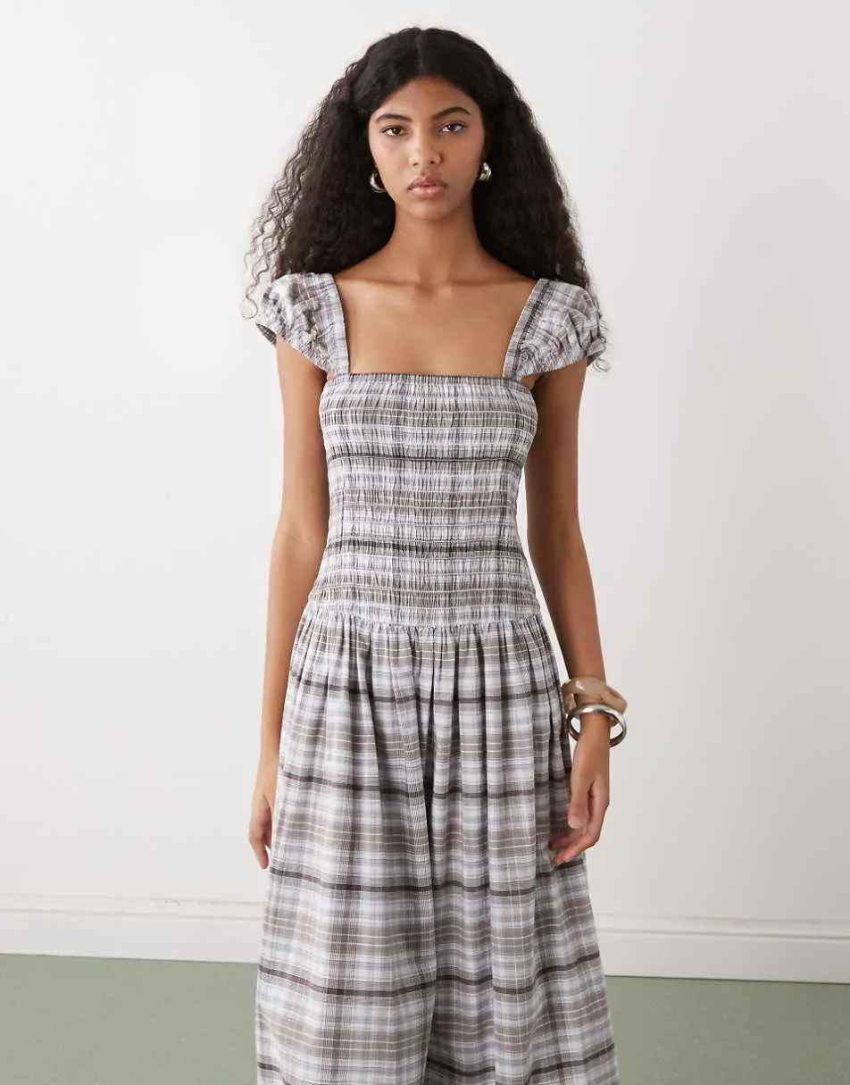 COLLUSION shirred cap sleeve midi dress in grey check
