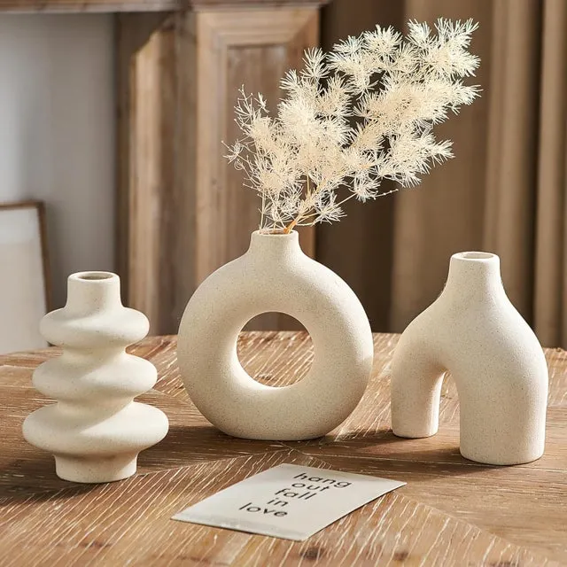 Juego de 3 jarrones de cerámica beige: forma redonda, estilo bohemio moderno, ideal para decoración hogar y hierba de la pampa.