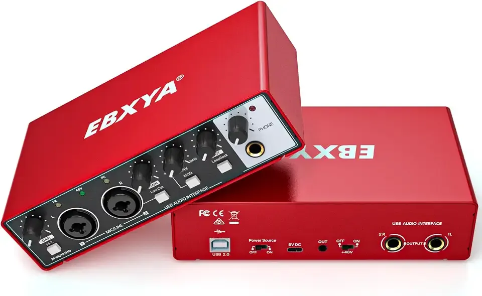EBXYA 2x2 Audio Interface - 24-bit/192kHz USB Recording Sound Card | 48V Phantom Power, for PC and Mac, Studio, Guitar, Podcast, Streaming(Metallic Red)
