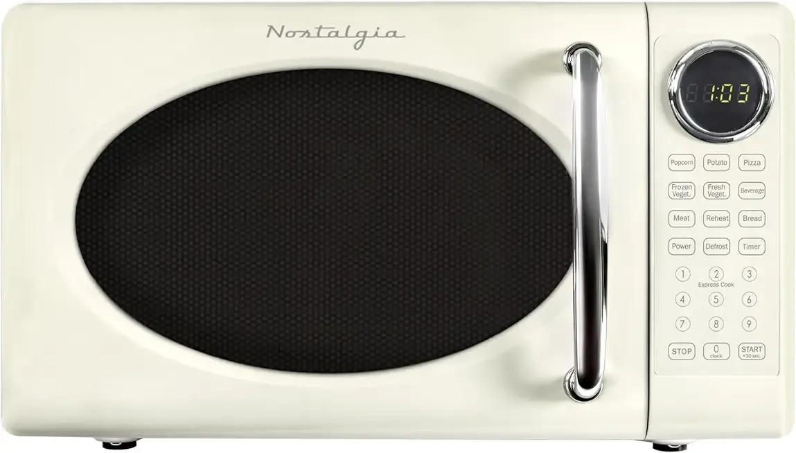 Nostalgia Retro 700W Microwave Oven 0.7 Cu Ft Capacity – Child Safety Lock, 8 Auto-Cook Settings – Countertop Kitchen Appliance – Ivory