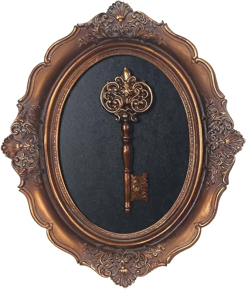 S-MANTIS Vintage Wall Sculpture, Antique Pediment, Hallway Wall Art, Hand Painted Wall Decoration With Embossed Intricate Key Design, Oval Aesthetic Room Décor, Gallery, Unique Gift (Antique Gold-Key)