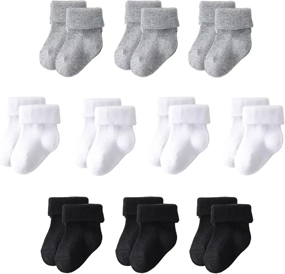 Newborn Socks 10 Pairs, Cotton Baby Turn Cuff Socks 0-3 Months