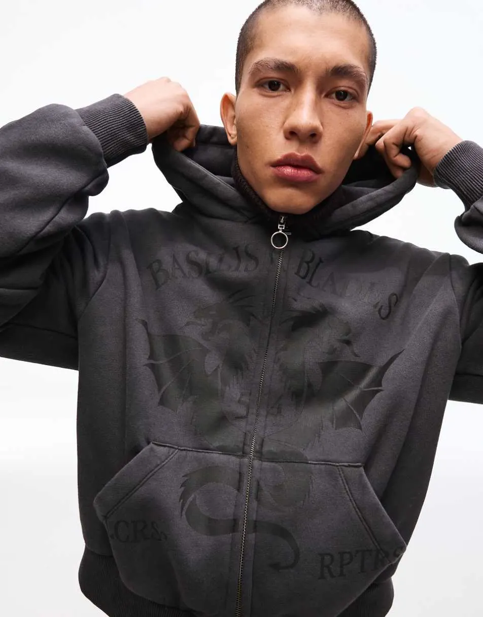 Bershka Printed boxy zip-up jacket in black