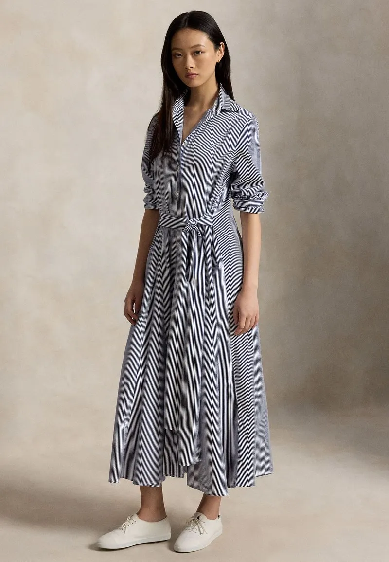 STRIPED COTTON TIE-WAIST SHIRTDRESS - Skjortekjole - white/ fall royal
