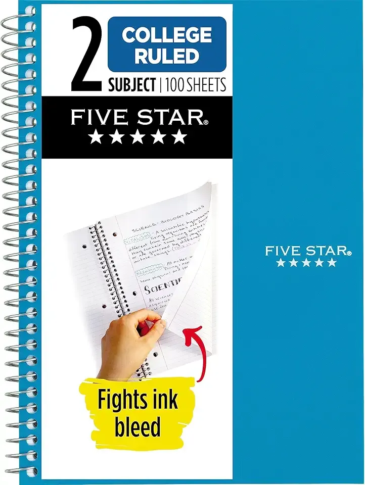 Five Star Small Spiral Notebook, 2 Subject, College Ruled Paper, 9-1/2" x 6", 100 Sheets, Teal Blue (06180AA4)