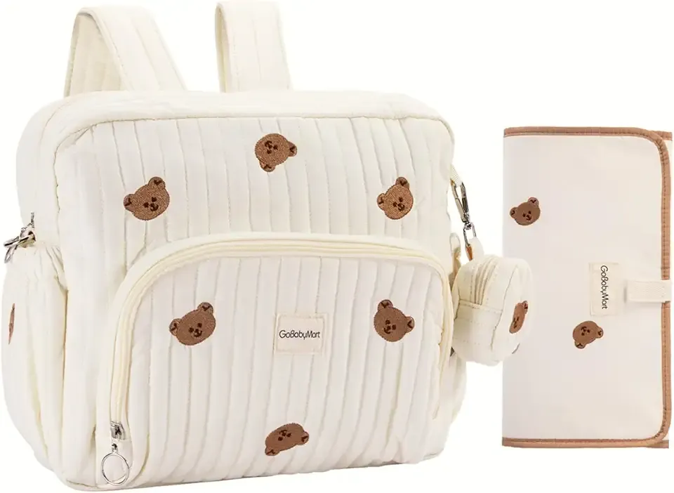 Diaper Bag Backpack, Medium Maternity baby bag & Changing Pad, Insulated Pockets, Stroller Straps & Pacifier Case (Medium - Beige Bears)