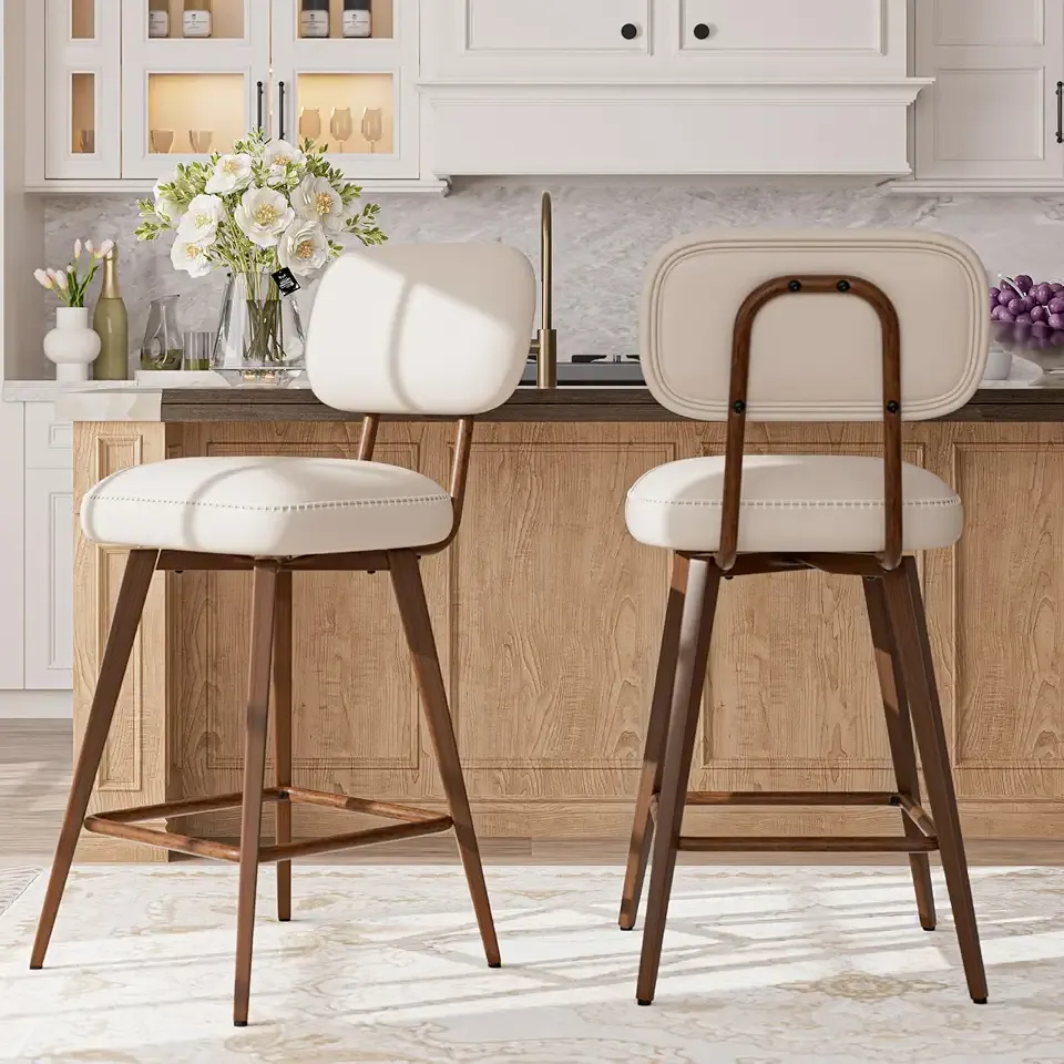 MALOL 26“ PU Leather Swivel Bar Stools Set of 2, Mid Century Counter Height Bar Chairs with Low Back and Metal Legs, Modern Bar Stool Chair for Kitchen Island, Beige