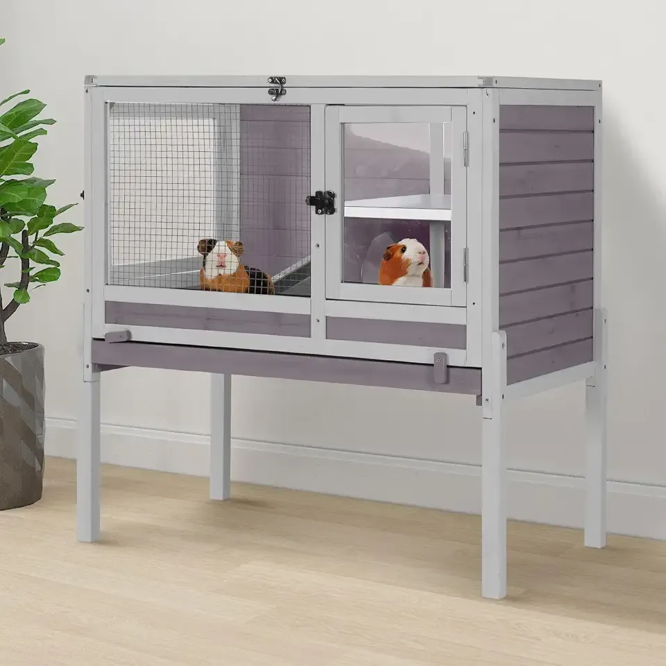 Aivituvin 2-Story Indoor Rabbit Hutch Guinea Pig Cage with Stand, Wooden Bunny Cage Small Animal Cages with Chew-Proof Ramp, Pull-Out Tray & Leakproof PVC Layer (Grey)