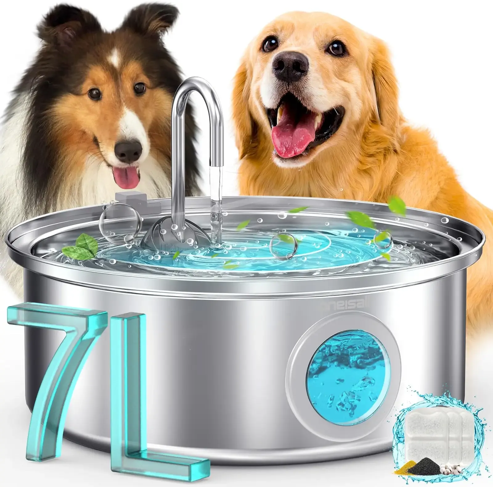 oneisall 7L/230oz Dog Water Fountain for Multi-pet Household,PWF002 | 25db Quiet Design,304 Stainless Steel,Contain 3 Set Filters,Visual Water,5-Layer Filtration,Fit for Living Room Kitchen