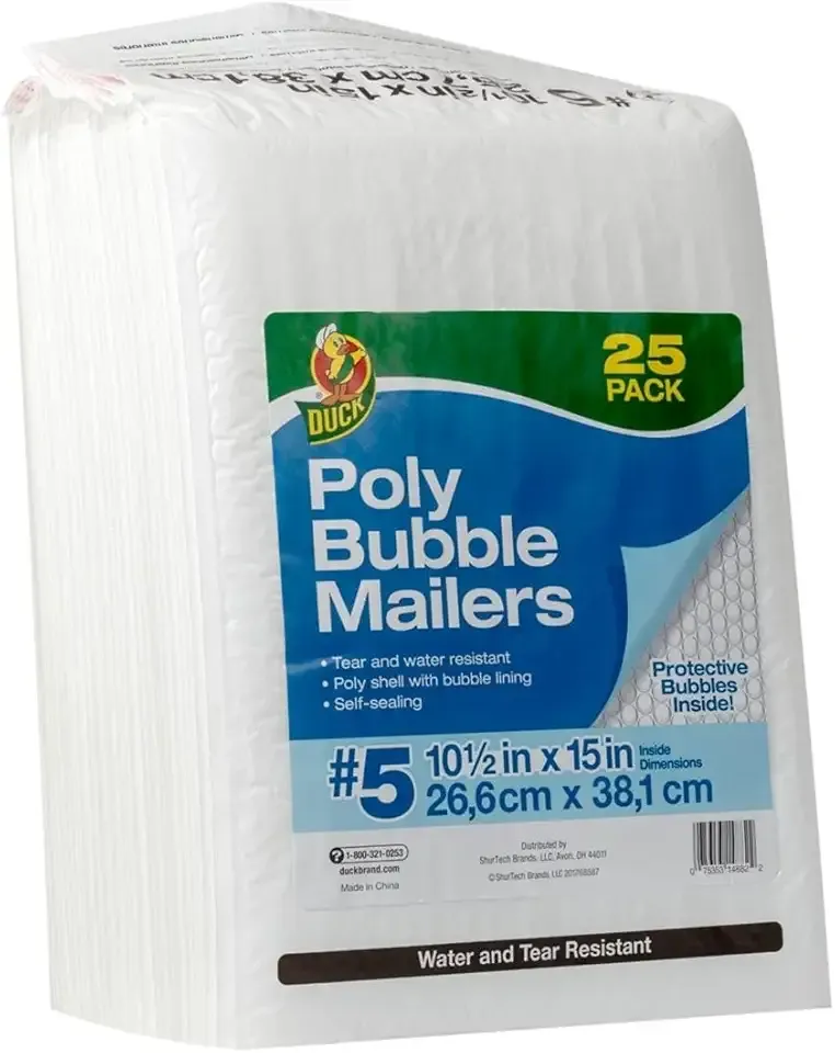 Duck Brand #5 Poly Bubble Mailer, 10.5" x 15", White, 25-Pack