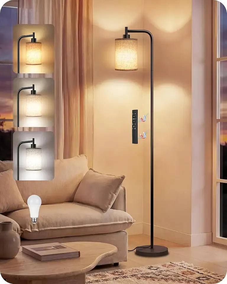 Dimmable Floor Lamp for Living Room with Remote and Foot Switch, Modern Standing, Corner Lamp,10W Bulb 3 Color Temperatures, for Bedroom, Office, Corner, ETL Listed, Black and Beige E19LD05