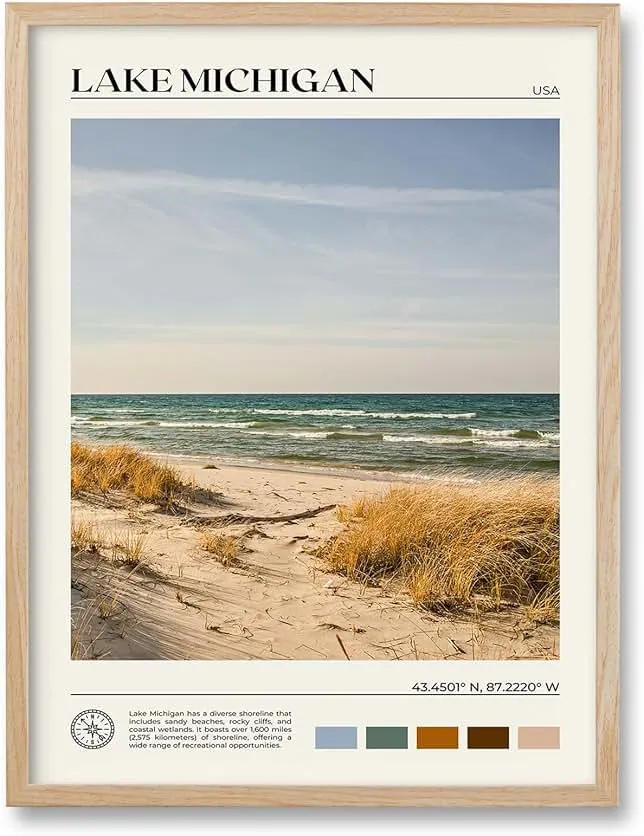 HesenDot Natural OAK Wood Lake Michigan Framed Wall Art,12x16in Natural Scenery Canvas Wall Print,Classic Urban City Landmark…