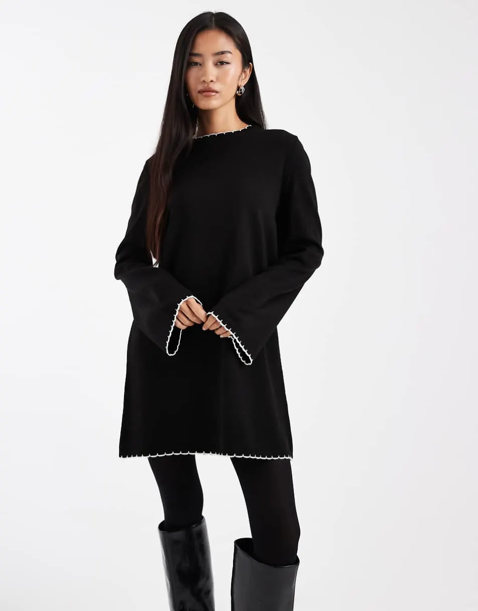 Miss Selfridge blanket stitch dress in black with cream tipping