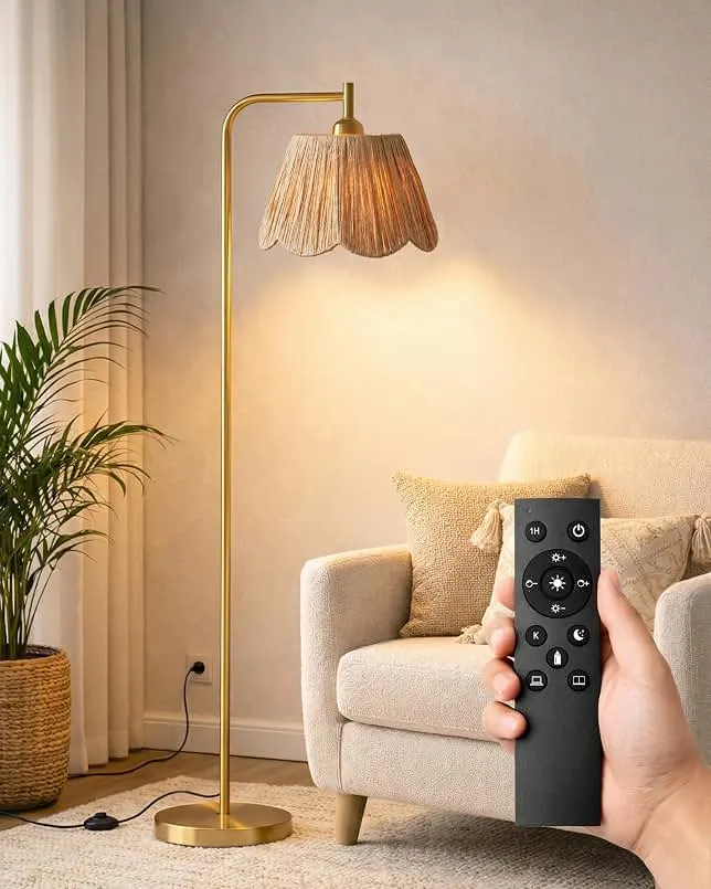JOOFO Boho Brushed Gold Floor Lamp with Remote, Flower-Inspired Shade | Pre-Assembled Shade, Stepless Dimming, 3 Color Tempera…