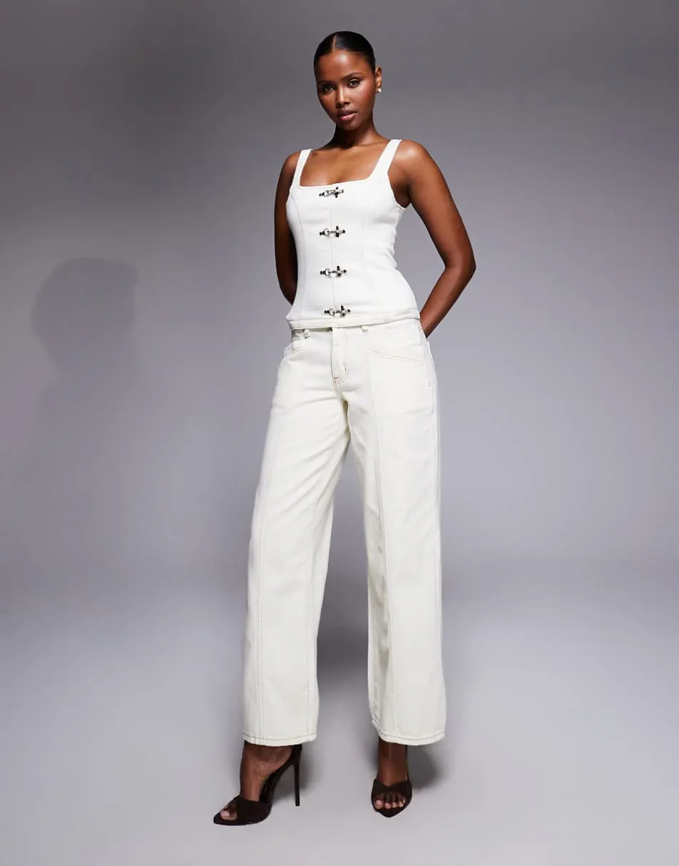 Liquor N Poker denim corset co-ord with buckle detail in ecru - BEIGE