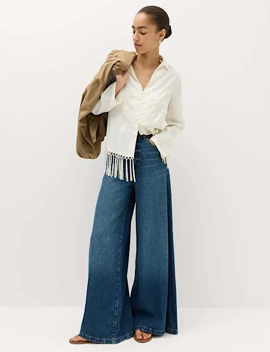 Embroidered Collared Fringe Detail Shirt