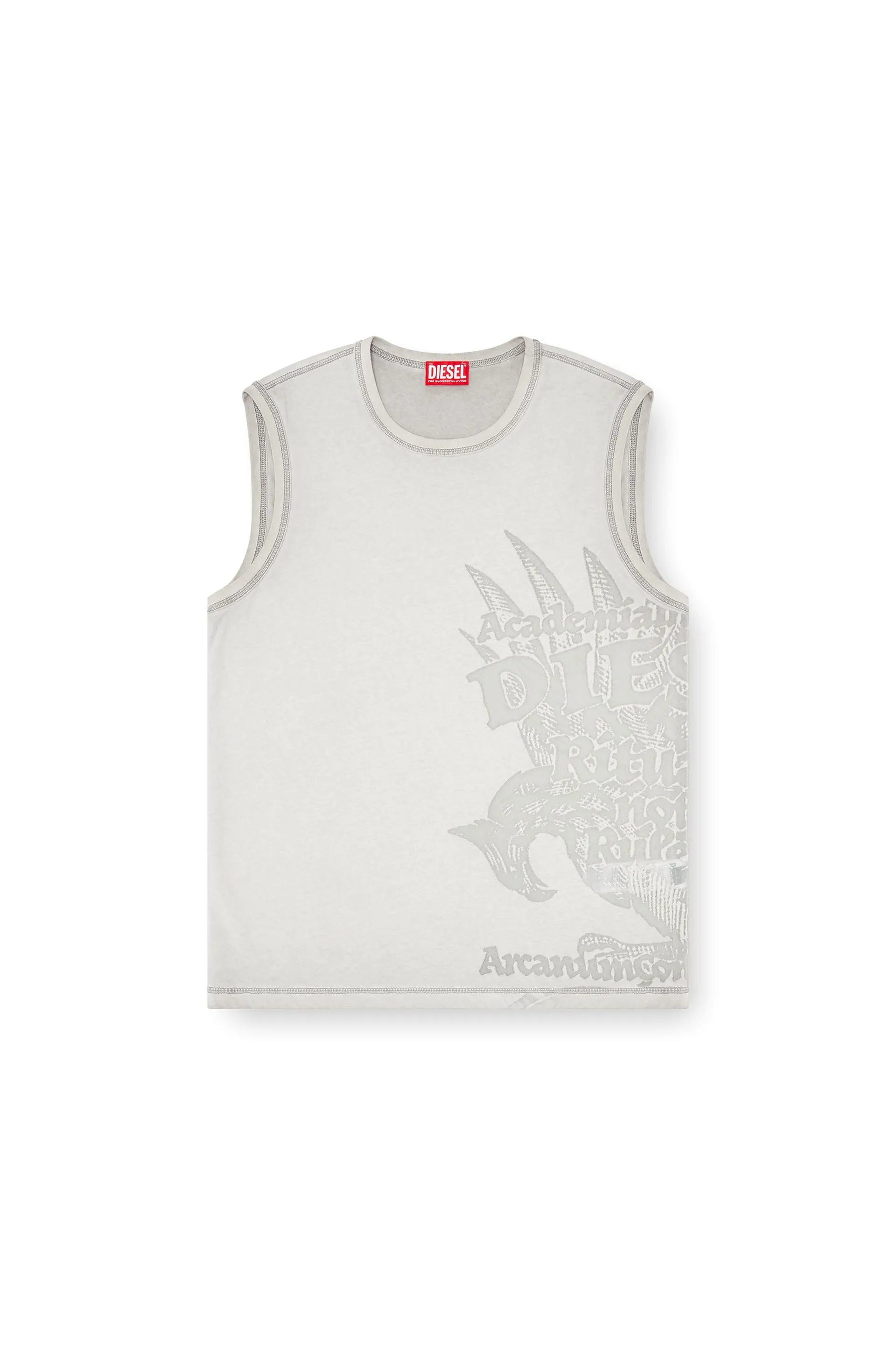 Sleeveless jersey top with embossed graphics