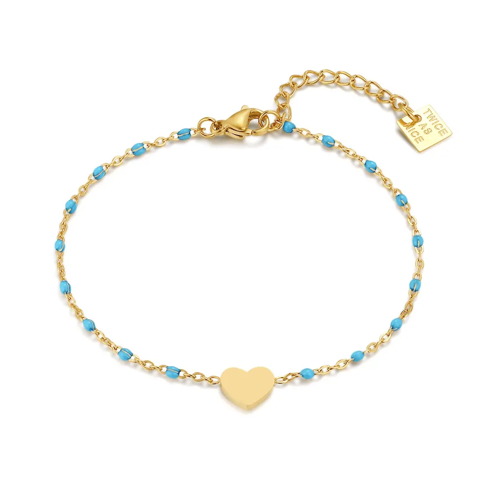 Armband in edelstaal, hartje met blauwe steentjes