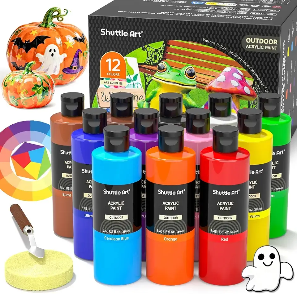 Shuttle Art Outdoor Acrylic Paint Set, 12 Colors Waterproof Paint, 8.45oz/250ml Large Bottles, Rich Pigmented Bulk Painting Supplies for Artists, Beginners on Rocks, Wood, Wall, Crafts, Garden Statues