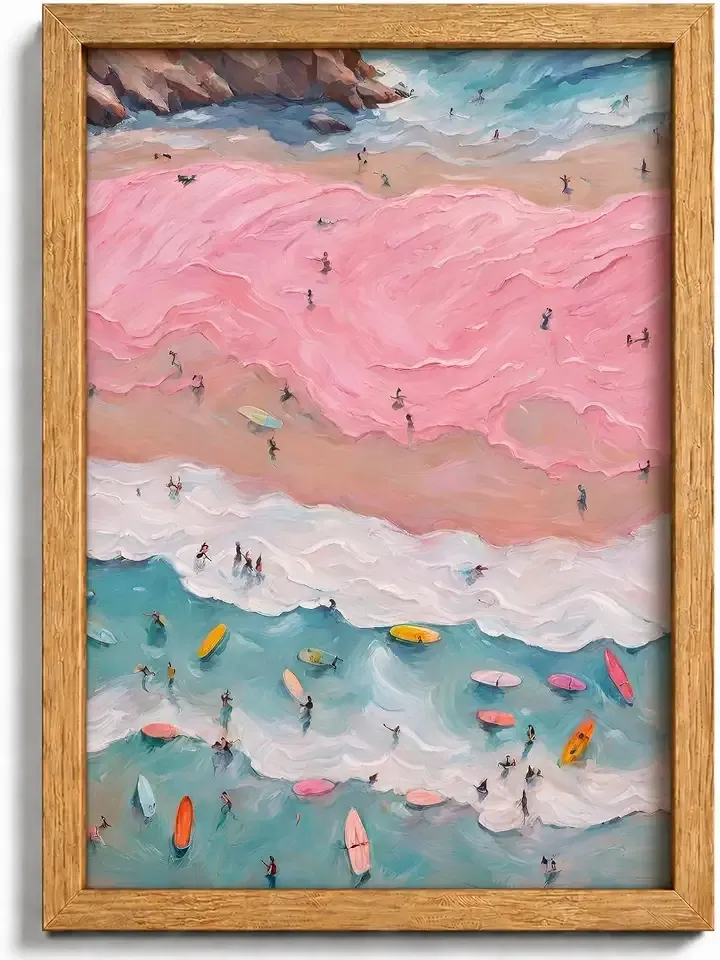 Framed Pink Coastal Canvas Wall Art,Girl Beach Surfers Picture Wall Decor | Summer Poster Print Artwork,for Bedroom Bathroom Girls Room Home Decoration 8x10inch