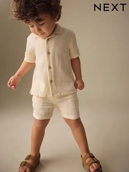 Ecru Plain Short Sleeve Double Cloth Shirt & Shorts Set (3mths-10yrs)