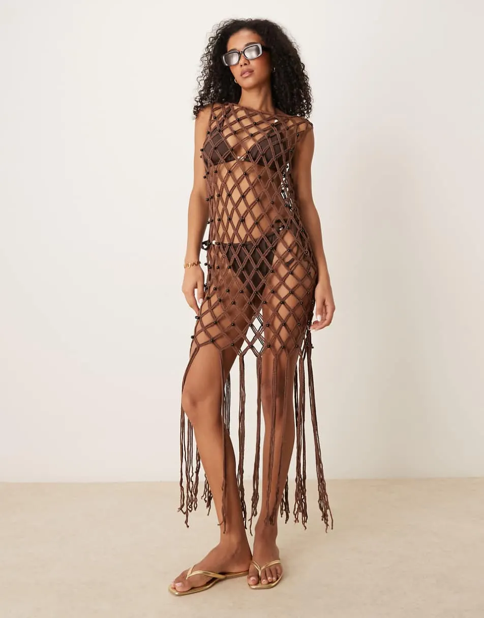 ASOS DESIGN sleeveless stitch mini dress with beads in chocolate