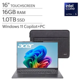 Acer Aspire 16" AI Copilot+ PC Touchscreen Laptop - Intel Core Ultra 5 processor 226V - WUXGA (1920 x 1200) Touchscreen - 16GB RAM - 1TB SSD - Windows 11 Home - Steel Gray