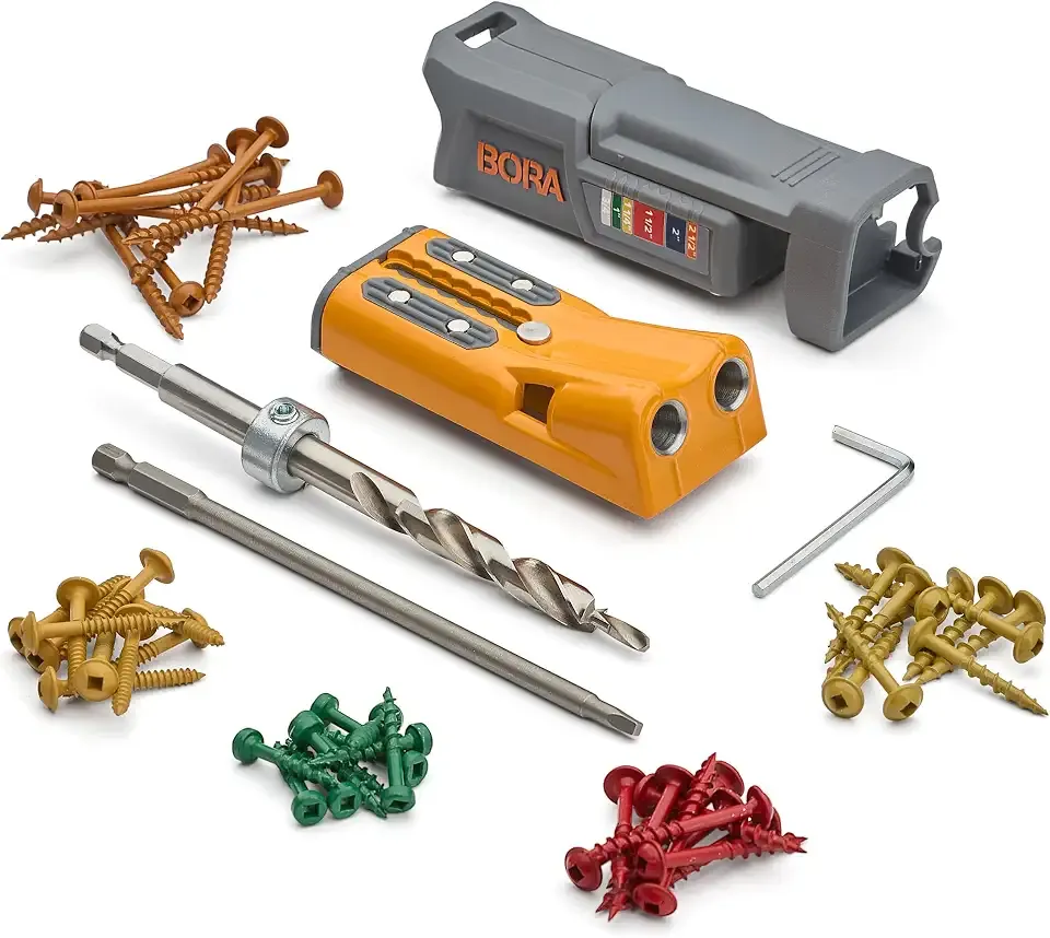 BORA Pro Compact Metal Pocket Hole Jig Kit with 50 Screws, Auto Calibrating | Auto Adjusting Pocket Screw Jig, Heavy Duty Woodworking Pocket Hole Jig, Pocket Hole System, Auto Measuring Drill Guide