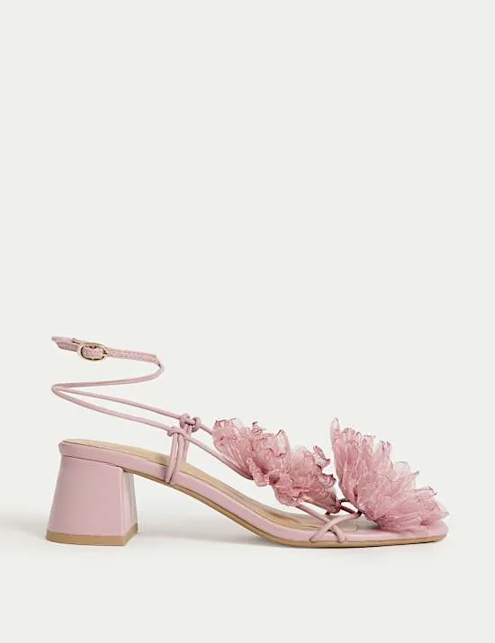 Organza Flower Corsage Block Heel Sandals