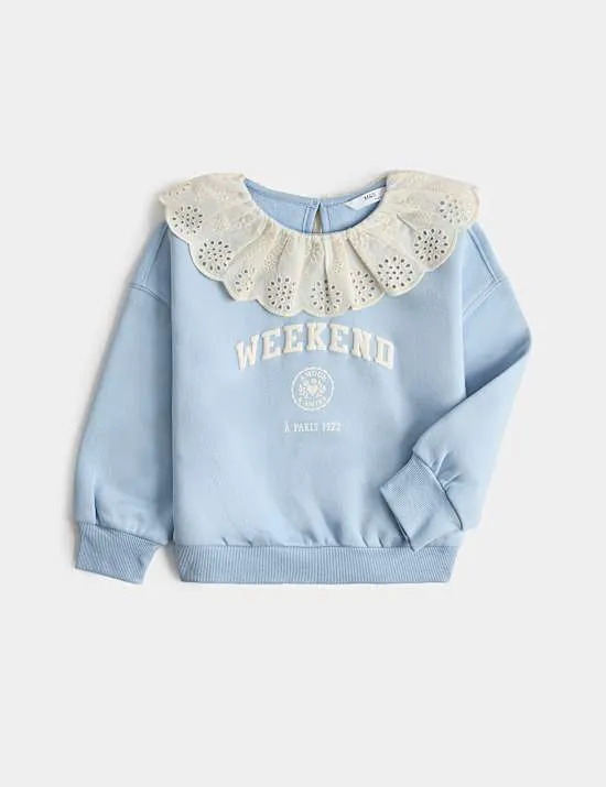 Cotton Rich Broderie Collar Sweatshirt (2-8 Yrs)