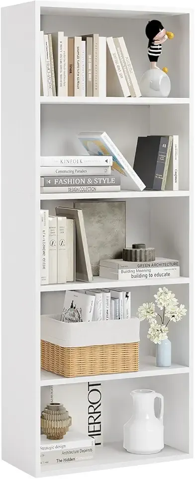 Bookcase and Bookshelf, Floor Standing 5-Tier High Bookshelf, Display Storage Rack, Home Decorative Furniture, Suitable for Home Offices, Living Rooms, and Bedrooms, White