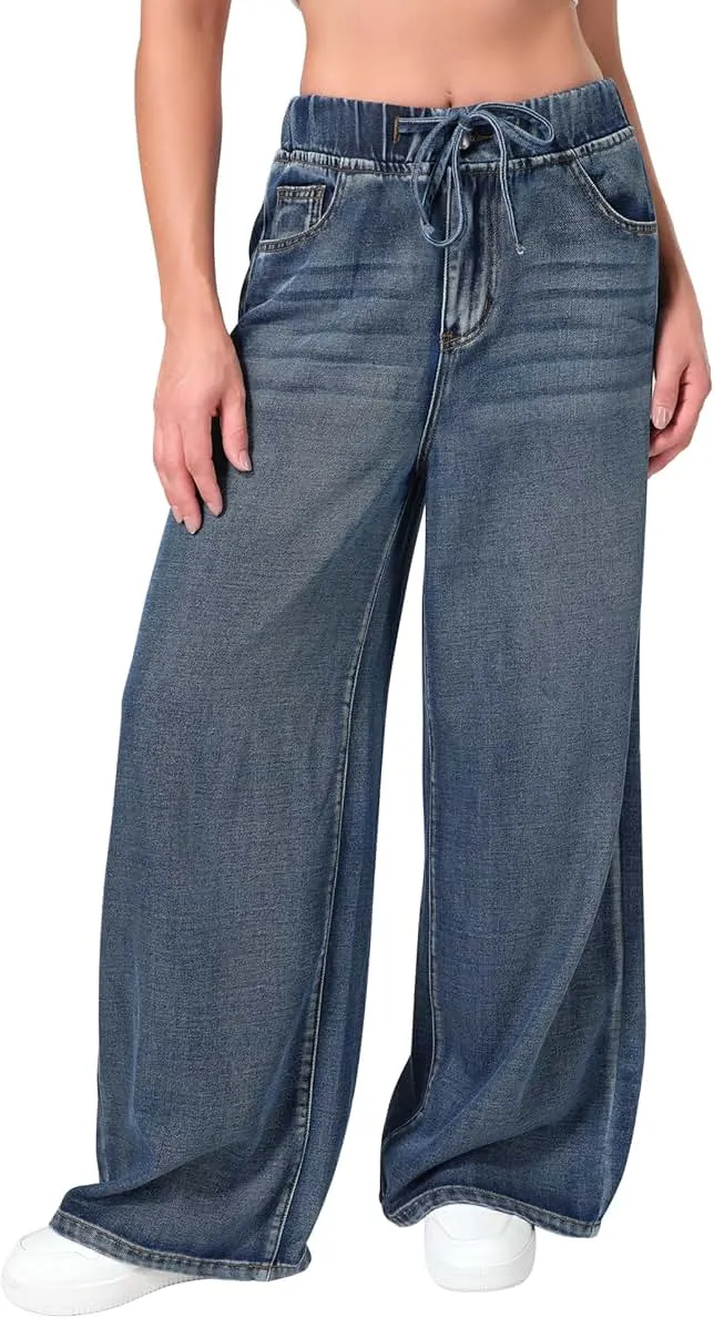 roswear Women's Wide Leg Jeans Non-Stretch with Elastic Waist Denim Pants for Casual Lounge