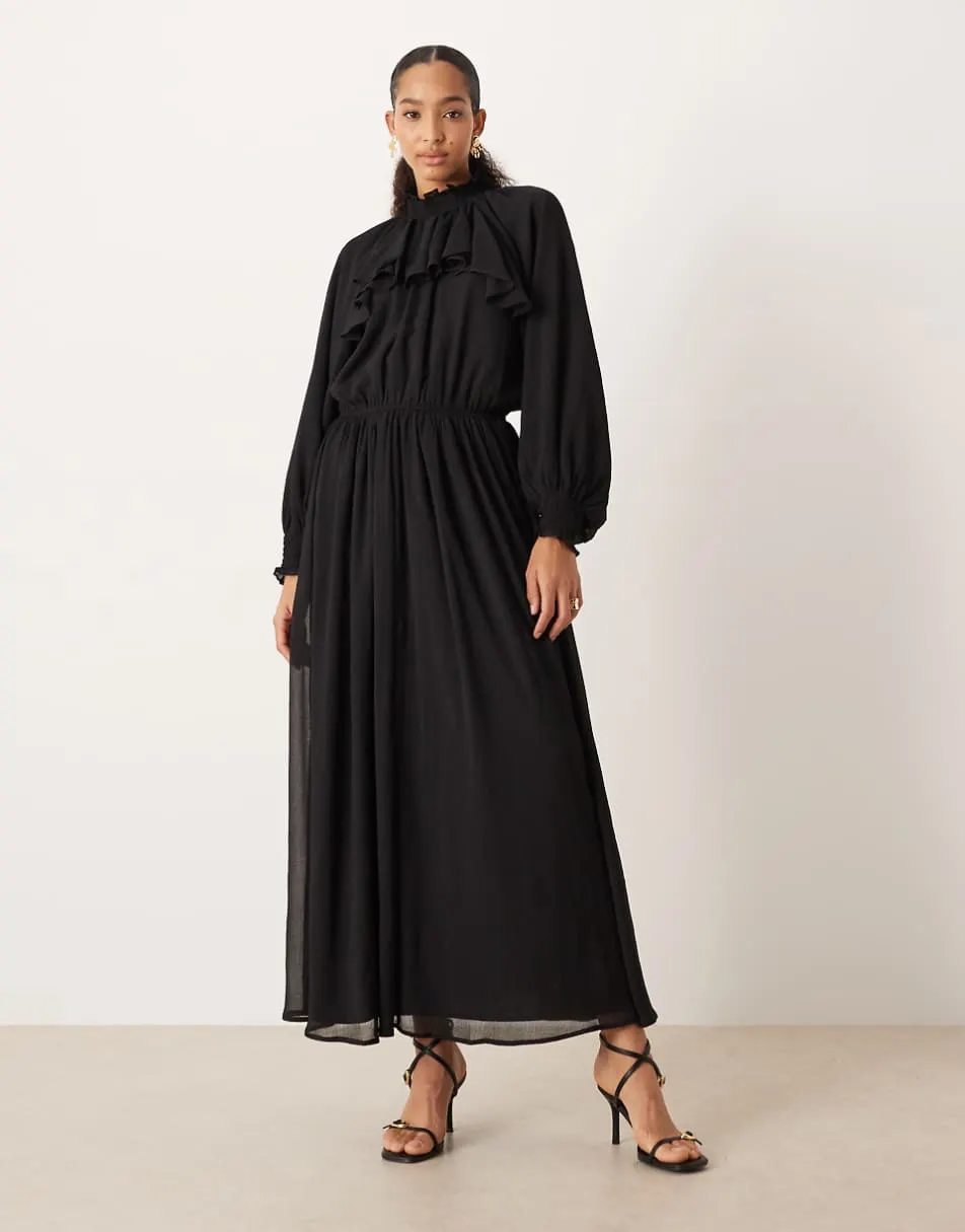 ASOS DESIGN high neck ruffle detail chiffon maxi dress in black