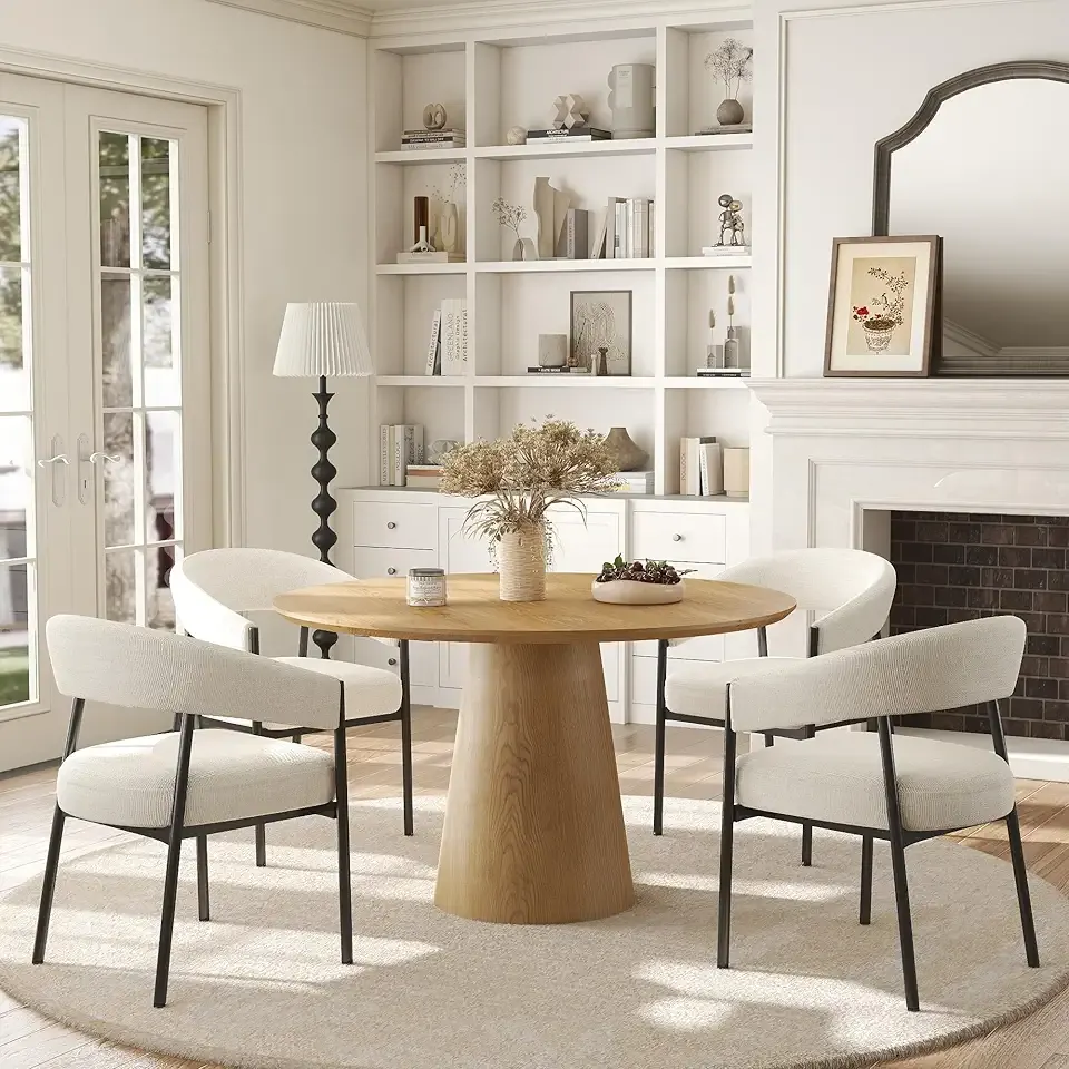 RGZ Modern Round Dining Table Set for 4, Minimalist Wooden Round Dining Room Table Chairs, 43" Oak Farmhouse Kitchen Table & 4 Off White Upholstered Armchairs for Kitchen, Dining Room, Apartment