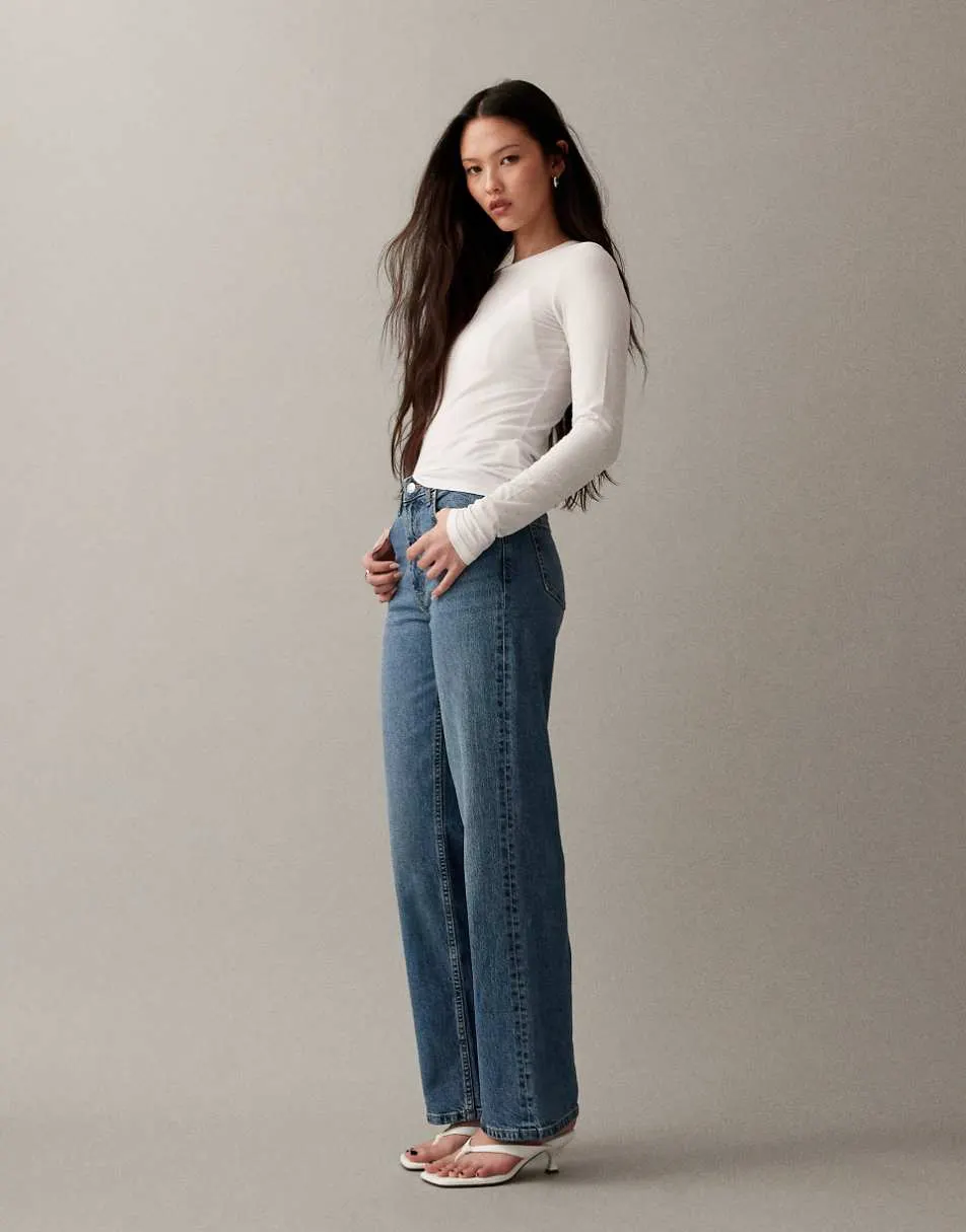 ASOS DESIGN comfort stretch straight leg jeans in authentic mid blue