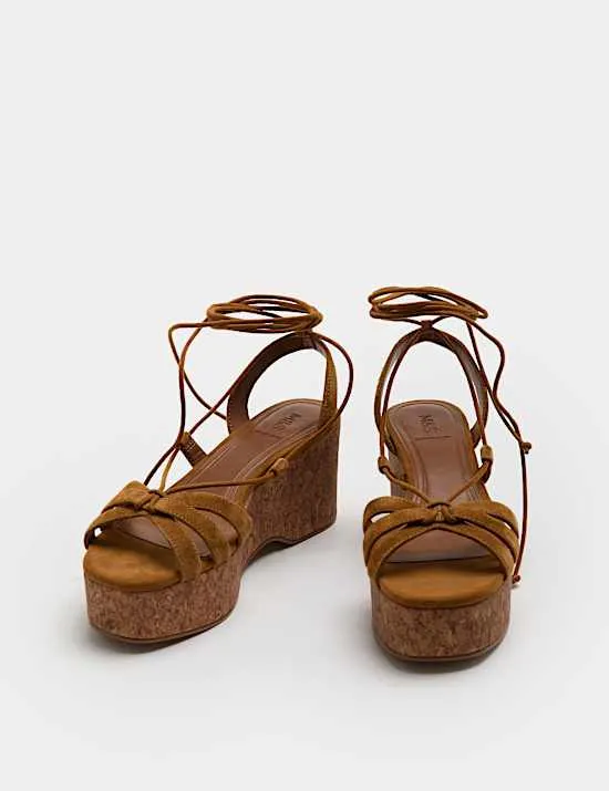 Suede Ankle Tie Wedge Flatform Sandals