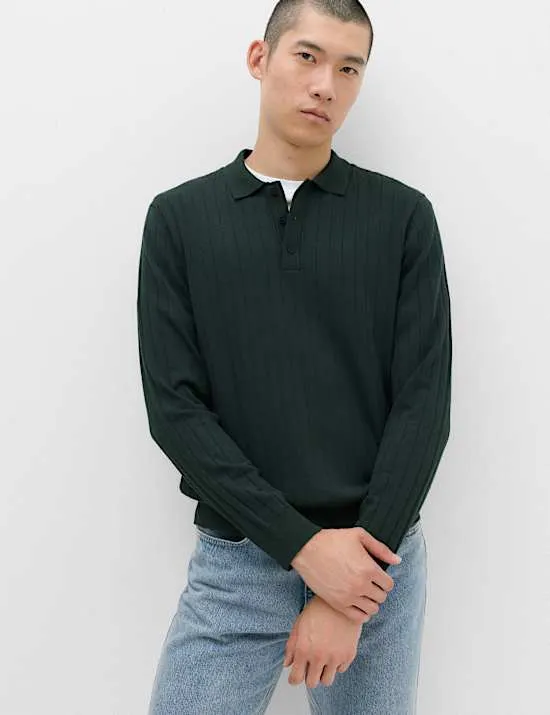 Geripptes Strick-Poloshirt aus Baumwollmischgewebe