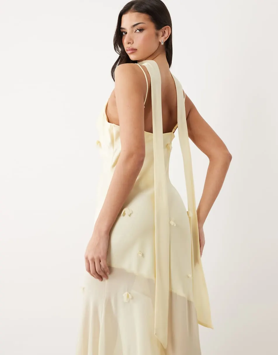 Gina Tricot 3D floral cowl neck sheer maxi dress in yellow
