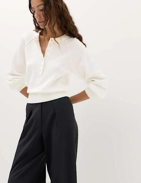 Crew Neck Button Detail Jumper with Wool