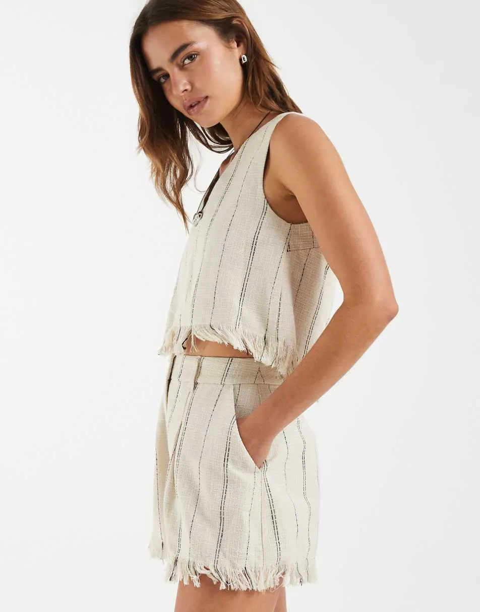 ASOS DESIGN Tailored fringe hem shorts with belt in natural stripe